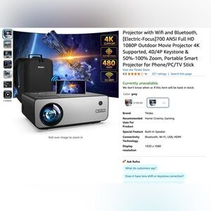 Projector (Wifi + Bluetooth) 700 ANSI Full HD 1080P + backpack